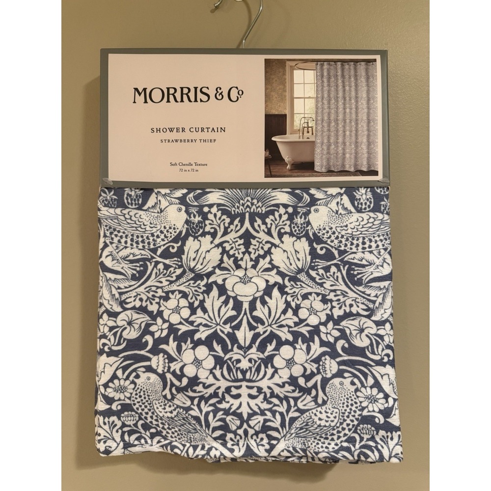 Morris & Co Soft Chenille Fabric Shower Curtain 72x72 Strawberry Thief Blue Whit